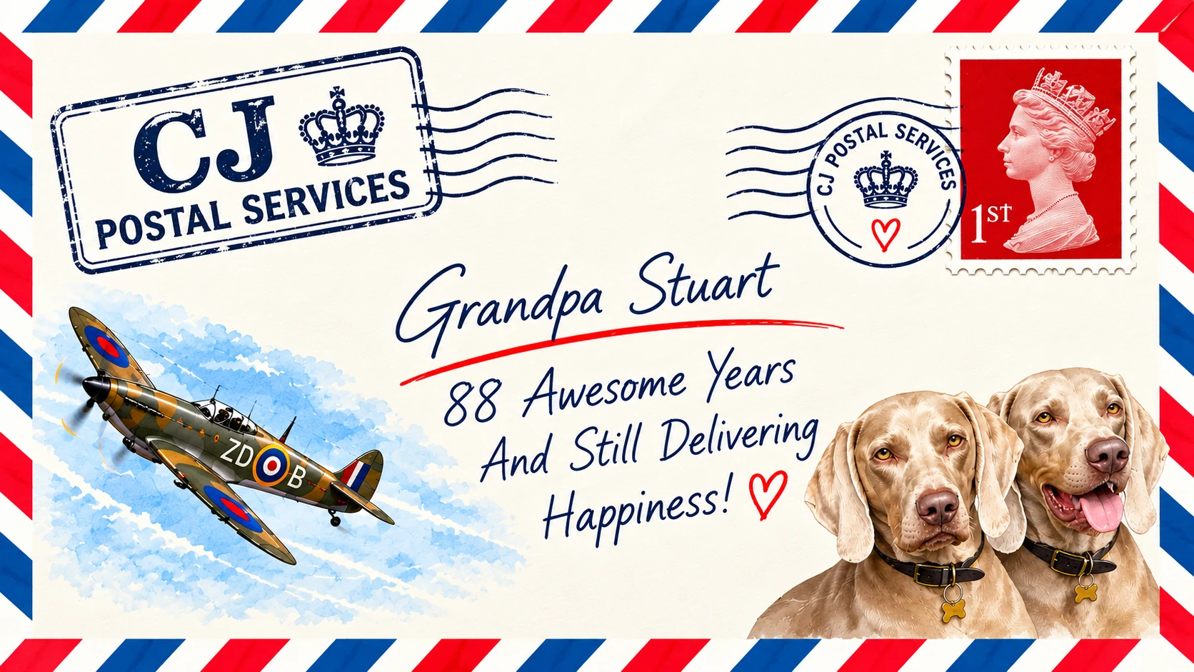 CJ Postal Services envelope addressed to Grandpa Stuart, decorated with a first-class stamp, a Spitfire and Max and Samson