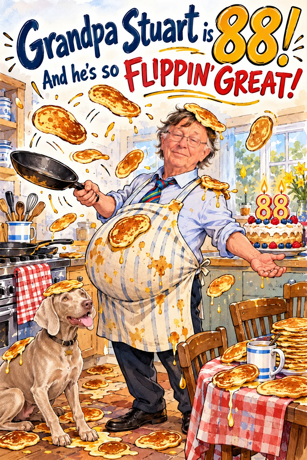 Front cover: Grandpa Stuart flipping pancakes with a dog